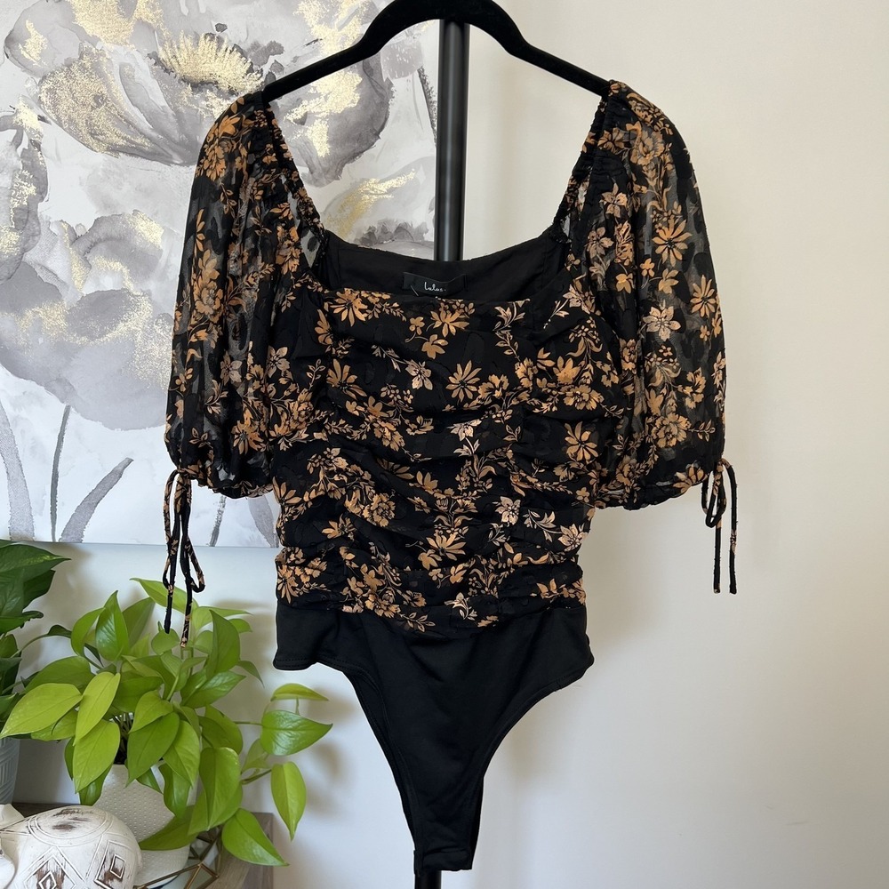 Lulus Floral Bodysuit Top Black Brown Puff Sleeve Square Neck Cottage Romantic